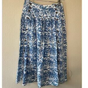 VTG Sasson Cottage White Blue Floral High Waist Button Up Midi Boho Skirt Size 6